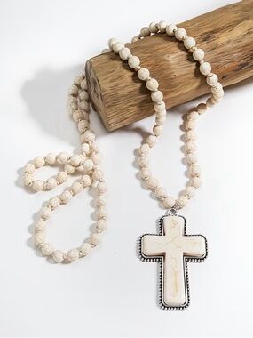 Western Necklace Beige Stone Bead Necklace with Cross Pendant